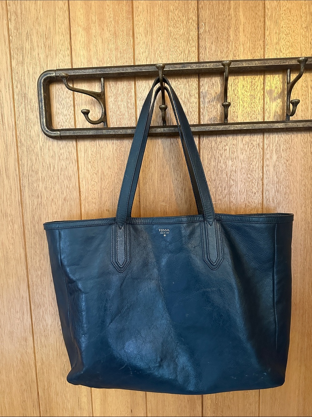 Fossil Dark Navy Leather Tote with Top Handles
